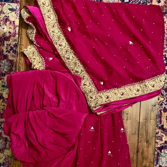 Dark Magenta Pure Chinnon Chiffon Punjabi Suit - Picture 2 of 2